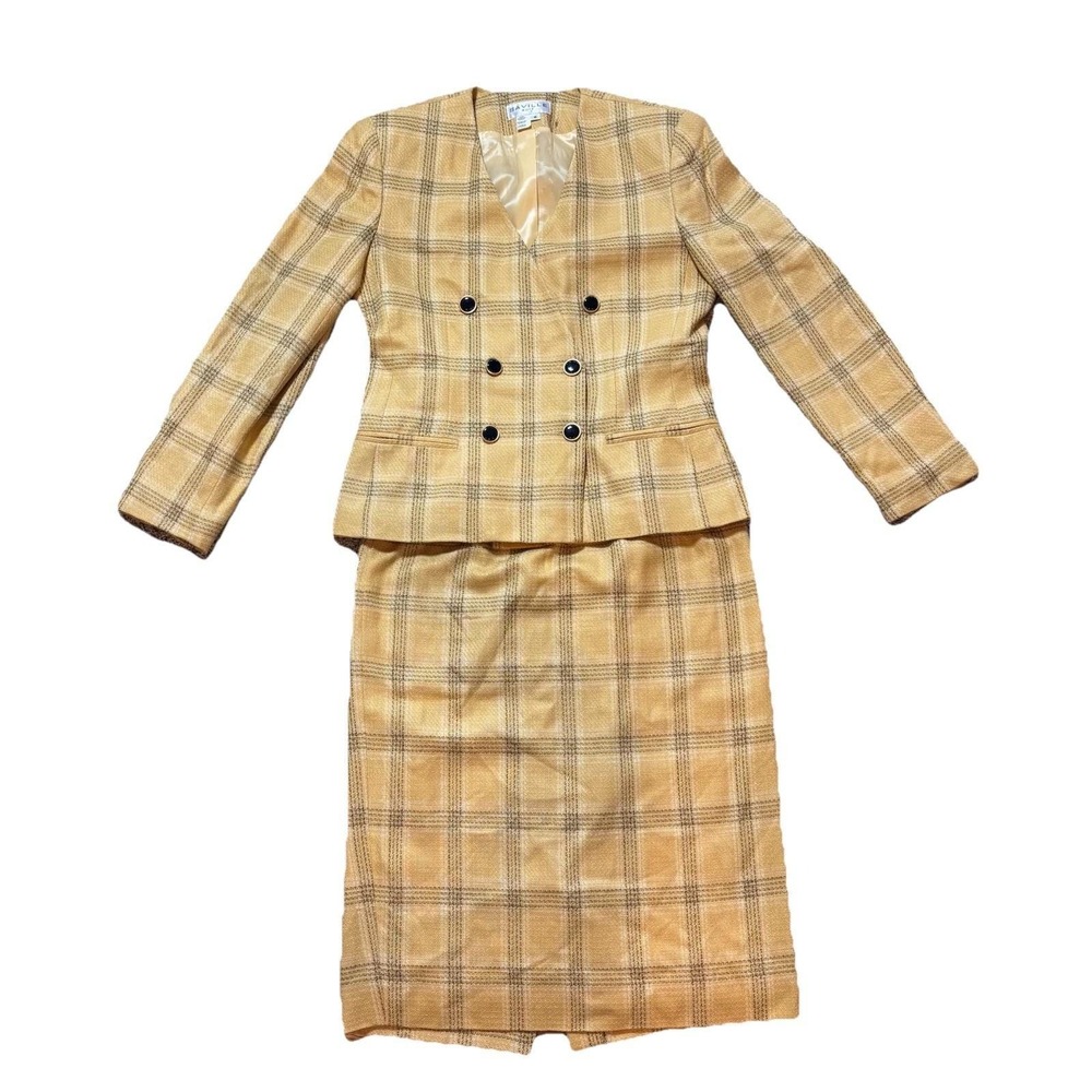 Saville Womens vintage plaid retro clueless yellow tweed striped skirt suit Sz 8
